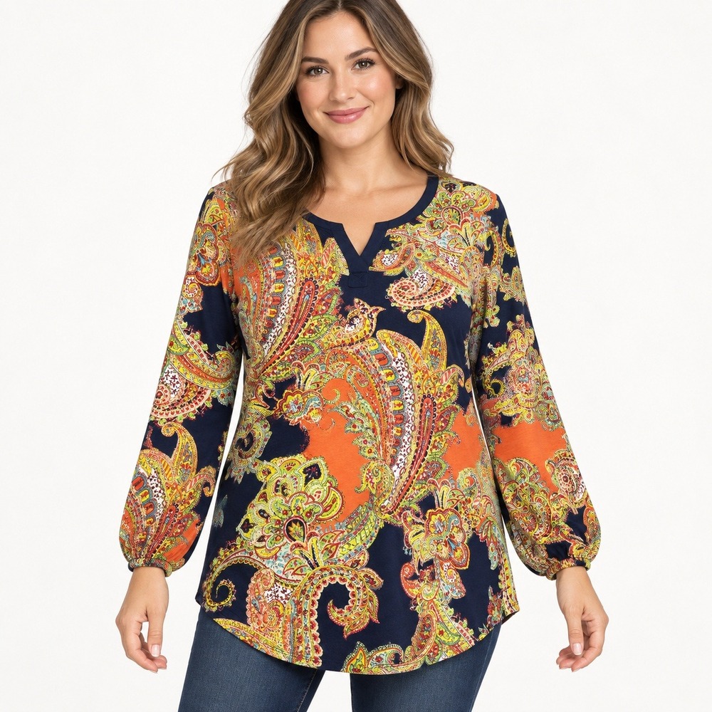 Lauren Ralph Lauren Petite Paisley Split Neck Knit Top Navy Orange PM